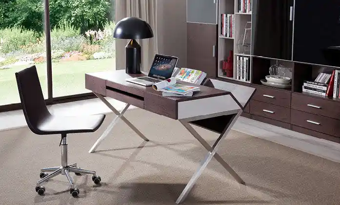 30 Brown Oak and Grey Veneer and Stainless Steel Office Desk By Homero Seasonal Sale
