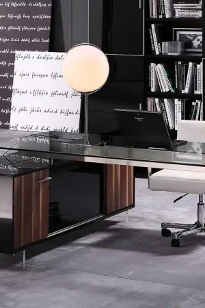 29.5 Glass and Stained Wood Office Desk with a Storage Cabinet By Home Best Seller