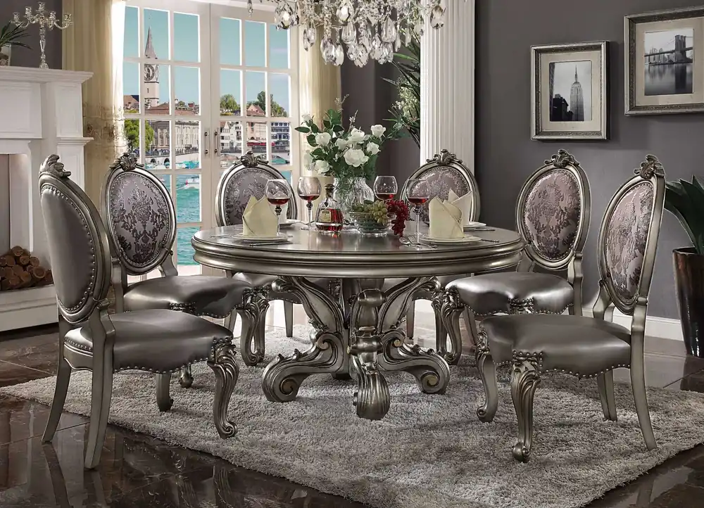 Antique Platinum Wood Poly Resin Dining Table (Round Pedestal) By Home Cheap