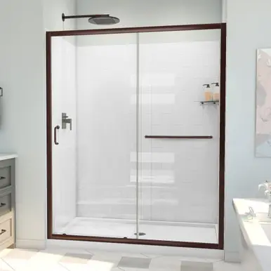 Affordable Dreamline D2096032XXC0006 Infinity-Z 32 inch D x 60 inch W x 78 3/4 inch H Semi-Frameless Sliding Shower Door in Oil Rubbed Bronze and Clear Glass, Center Drain Shower Base, and Wall Kit in White