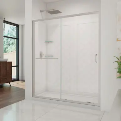 Affordable DreamLine DL-6117R-04CL Infinity-Z 32 in. D x 60 in. W x 76 3/4 in. H Clear Sliding Shower Door in Brushed Nickel, Right Drain Base, Backwalls