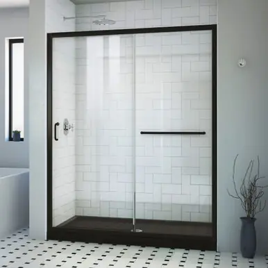 Dreamline DL6971CLC-88-09 Infinity-Z 32 inch D x 60 inch W x 74 3/4 inch H Semi-Frameless Sliding Clear Shower Door in Matte Black with Center Drain Black Shower Base Kit Popular