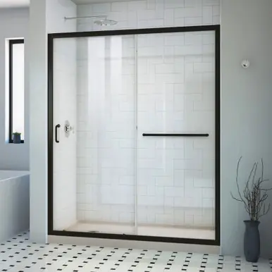 Dreamline DL6973CLL-22-09 Infinity-Z 36 inch D x 60 inch W x 74 3/4 inch H Semi-Frameless Sliding Clear Shower Door in Matte Black with Left Drain Biscuit Shower Base Kit Latest