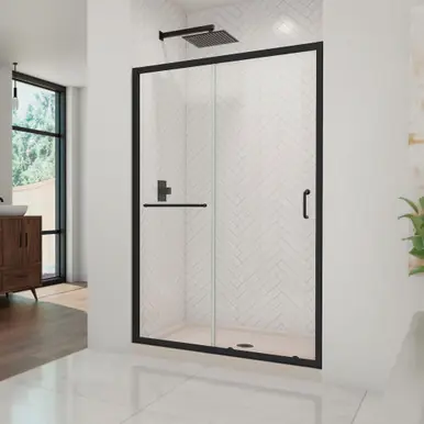 Limited Time Dreamline DL6975CLC-22-09 Infinity-Z 36 inch D x 48 inch W x 74 3/4 inch H Semi-Frameless Sliding Clear Shower Door in Matte Black with Center Drain Biscuit Shower Base Kit