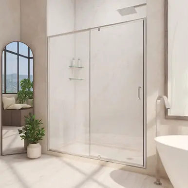 Exclusive DreamLine Flex 32 in. D x 60 in. W x 74 3/4 in. H Semi-Frameless Shower Door in Brushed Nickel with Right Drain Biscuit Base Kit