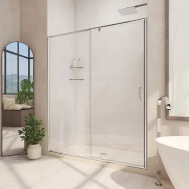 Exclusive DreamLine Flex 34 in. D x 42 in. W x 74 3/4 in. H Semi-Frameless Pivot Shower Door in Chrome with Center Drain Biscuit Base Kit