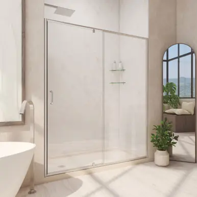 Handmade DreamLine Flex 30 in. D x 60 in. W x 74 3/4 in. H Semi-Frameless Shower Door in Brushed Nickel with Left Drain Biscuit Base Kit