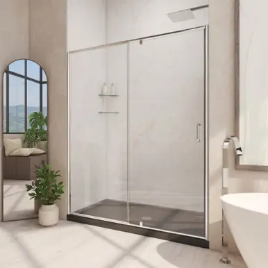 Seasonal Sale DreamLine Flex 32 in. D x 42 in. W x 74 3/4 in. H Semi-Frameless Pivot Shower Door in Chrome with Center Drain Black Base Kit