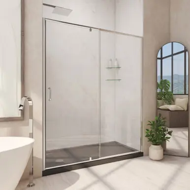 DreamLine Flex 32 in. D x 60 in. W x 74 3/4 in. H Semi-Frameless Pivot Shower Door in Chrome with Left Drain Black Base Kit Viral