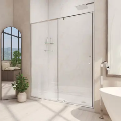 Certified DreamLine Flex 32 in. D x 60 in. W x 74 3/4 in. H Semi-Frameless Pivot Shower Door in Chrome with Right Drain White Base Kit
