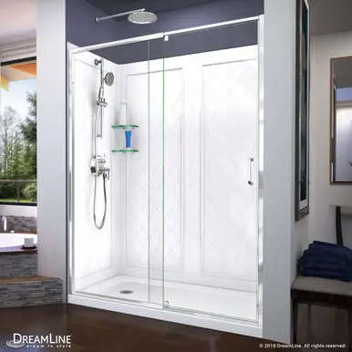 DreamLine Flex 34 in. D x 60 in. W x 76 3/4 in. H Semi-Frameless Shower Door in Chrome with Left Drain White Base and Backwalls Hot Picks