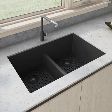 Instant Buy Ruvati 33 x 19 inch Granite Composite Undermount Low Divide Double Bowl Kitchen Sink - Midnight Black - RVG2385BK