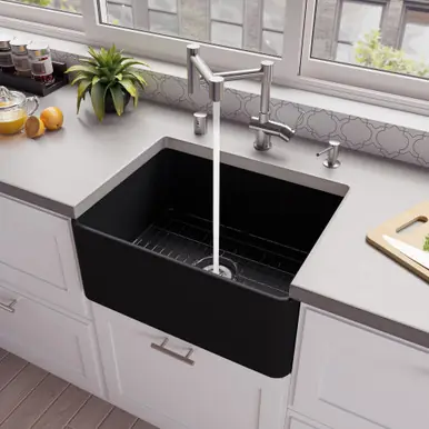 Alfi Black Matte Smooth Apron 24" x 18" Single Bowl Fireclay Farm Sink Viral