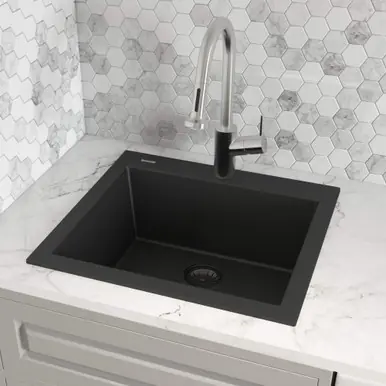 Ruvati 22 x 20 inch epiGranite Drop-in Topmount Granite Composite Single Bowl Kitchen Sink - Midnight Black - RVG1022BK Order Now