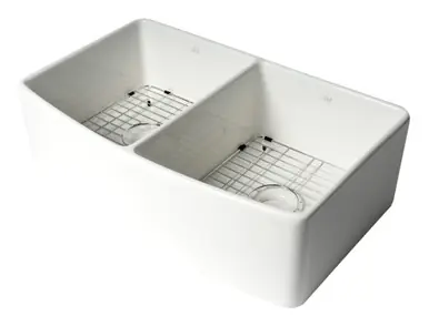 Alfi ABFC3320D-W White Smooth Curved Apron 33" x 20" Double Bowl Fireclay Farm Sink with Grid Direct From Manufacturer