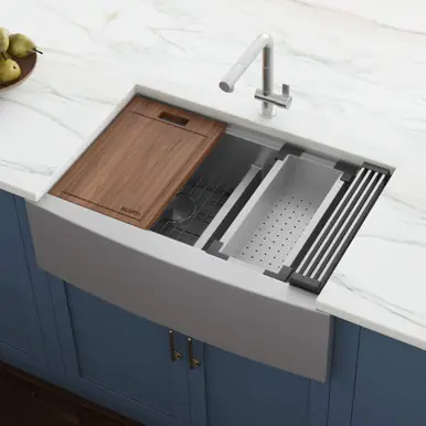 Discount Ruvati 36" Apron-front Workstation Low-Divide Double Bowl 50/50 Farmhouse Kitchen Sink 16 Gauge Stainless Steel - RVH9301