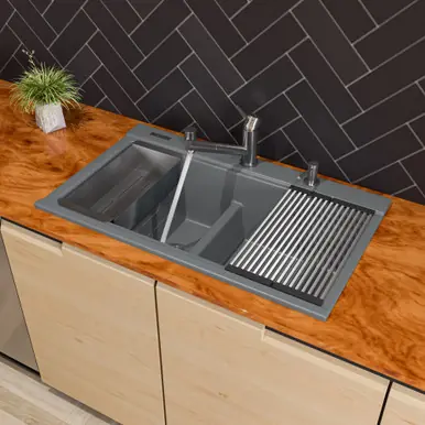 Alfi AB3418DBDI-T Titanium 34" x 18" Granite Composite Workstation Step Rim Double Bowl Drop In Sink with Accessories Best Seller