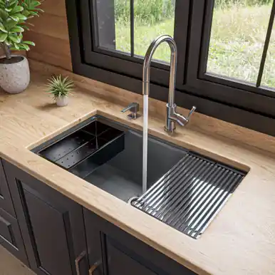 Alfi AB3418SBUM-T Titanium 34" x 18" Granite Composite Workstation Step Rim Single Bowl Undermount Sink with Accessories Cheap