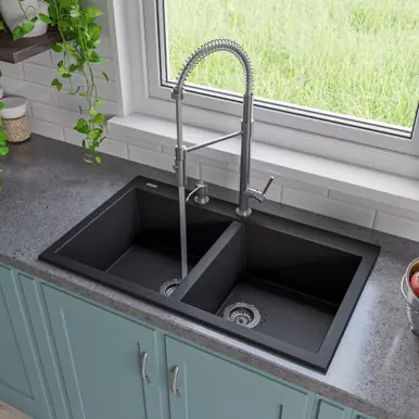 Alfi AB3420DI-BLA Black 34" x 20" Drop-In Double Bowl Granite Composite Kitchen Sink Last Chance