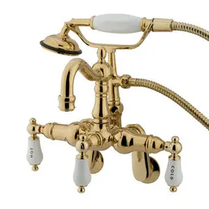 Kingston Brass 3-3/8" - 9" Adjustable Center Wall Mount Clawfoot Tub Filler Faucet with Hand Shower - Polished Brass CC1303T2 Price Cut
