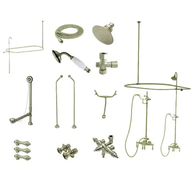 Kingston Brass CCK3188AL Vintage Down Spout Clawfoot Tub Faucet Package with Shower Enclosure, Brushed Nickel Fresh Stock
