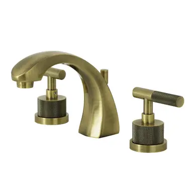 Save Now Kingston Brass Convergent Widespread Bathroom Faucet with Knurled Handle and Brass Pop-Up Drain, Antique Brass - KS4983KNL