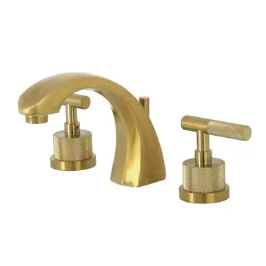 Fast Shipping Kingston Brass Convergent Widespread Bathroom Faucet with Knurled Handle and Brass Pop-Up Drain, Brushed Brass - KS4987KNL