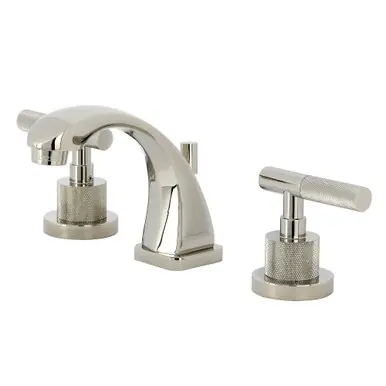 Handmade Kingston Brass Convergent Widespread Bathroom Faucet with Knurled Handle and Brass Pop-Up Drain, Polished Nickel - KS4946KNL