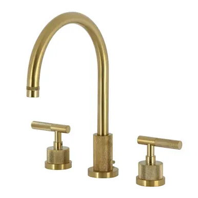 Kingston Brass Convergent Widespread Bathroom Faucet with Knurled Handle and Brass Pop-Up, Brushed Brass - KS8927KNL Worldwide Shipping