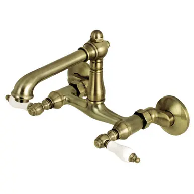 One Day Deal Kingston Brass English Country 6-Inch Adjustable Center Wall Mount Kitchen Faucet, Antique Brass - KS7223PL