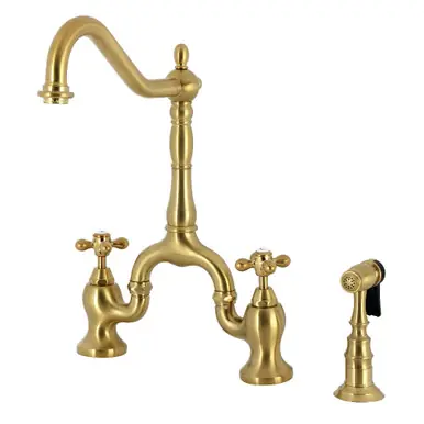 Reduced Price Kingston Brass English Country Bridge Kitchen Faucet with Brass Sprayer, Brushed Brass - KS7757AXBS