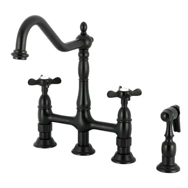 Instant Buy Kingston Brass Essex Bridge Kitchen Faucet with Brass Sprayer, Matte Black - KS1270BEXBS