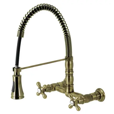 Price Drop Kingston Brass Gourmetier GS1243AX Heritage Two Handle Wall-Mount Pull-Down Sprayer Kitchen Faucet, Antique Brass