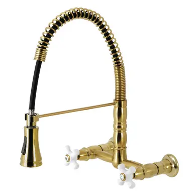 Low Price Kingston Brass Gourmetier GS1247PX Heritage Two Handle Wall-Mount Pull-Down Sprayer Kitchen Faucet, Brushed Brass