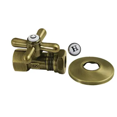 Certified Kingston Brass 1/2" FIP x 1/2" or 7/16" Slip Joint Quarter-Turn Straight Shut-Off Valve with Flange, Antique Brass - CC44153XK