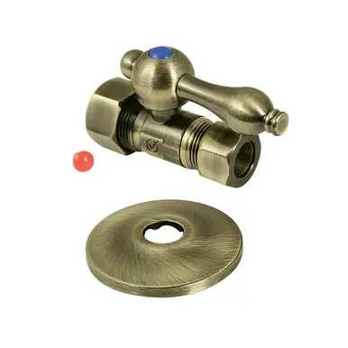 Premium Kingston Brass 5/8" OD Comp x 1/2" OD Comp Quarter-Turn Straight Stop Valve with Flange, Antique Brass - CC44453K