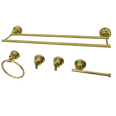 Editor’s Pick Kingston Brass BAH8213478PB Concord 5-Piece Bathroom Accessory Sets, Polished Brass - 24" Double Towel Bar, Towel Ring, Toilet Paper Holder,Two Robe Hooks