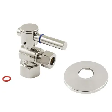 Shop Now Kingston Brass CC43106DLK 1/2" FIP x 3/8" OD Comp Quarter-Turn Angle Stop Valve with Flange, Polished Nickel