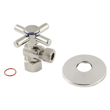 Viral Kingston Brass CC43106DXK 1/2" FIP x 3/8" OD Comp Quarter-Turn Angle Stop Valve with Flange, Polished Nickel