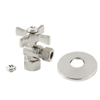 Shop Now Kingston Brass CC43106ZXK 1/2" FIP x 3/8" OD Comp Quarter-Turn Angle Stop Valve with Flange, Polished Nickel
