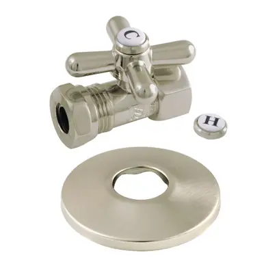 Shop Now Kingston Brass CC44158XK 1/2" FIP x 1/2" or 7/16" Slip Joint Quarter-Turn Straight Stop Valve with Flange, Brushed Nickel